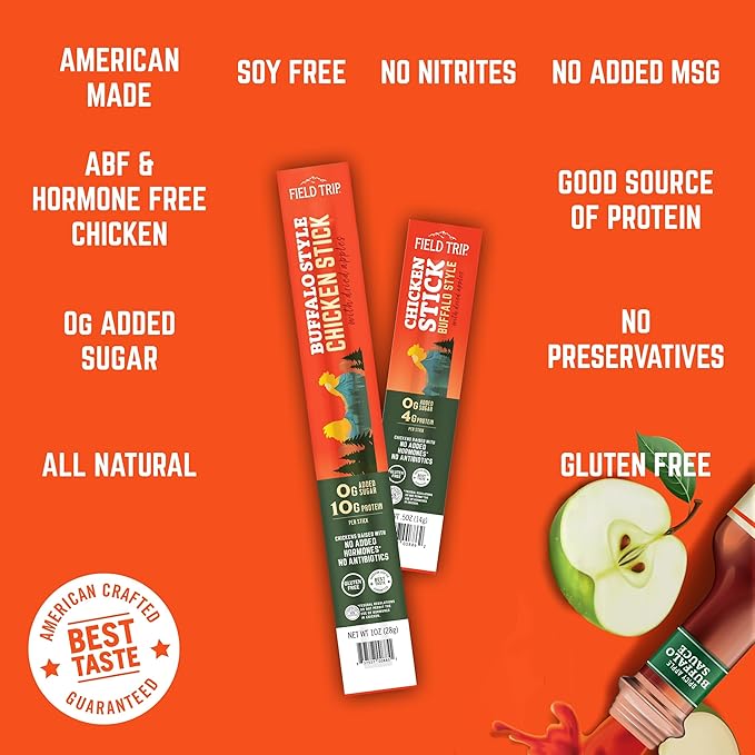 Field Trip Hormone Free Spicy Buffalo Chicken Jerky Snack Sticks Zero Sugar Keto Paleo Gluten Free Allergy Friendly Snack High Protein 25 Calorie Snack 0.5oz 24 Pack