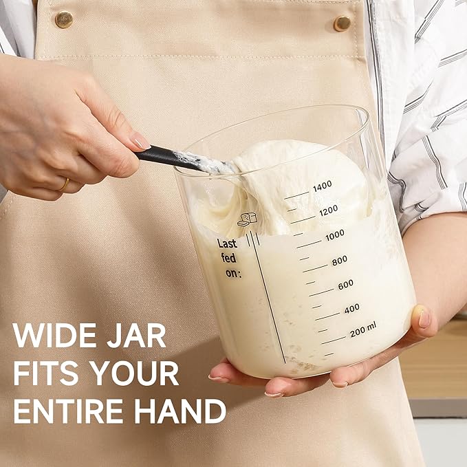 Premium Sourdough Starter Jar - 50 oz Large Glass Jar with Bamboo Lid Cloth Cover Date Tracker Thermometer and Scraper Stylish Design and Wide Mouth Starter Kit
