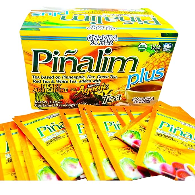 Pinalim Plus Tea Enhanced with Aguaje Peruano and Artichoke Heart la formula Original de Pinalim Mas Aguaje y Corazon de Alcachofa Mas Fuerte Healthy Antioxidant Formula Caffeine Free All Natural Cle