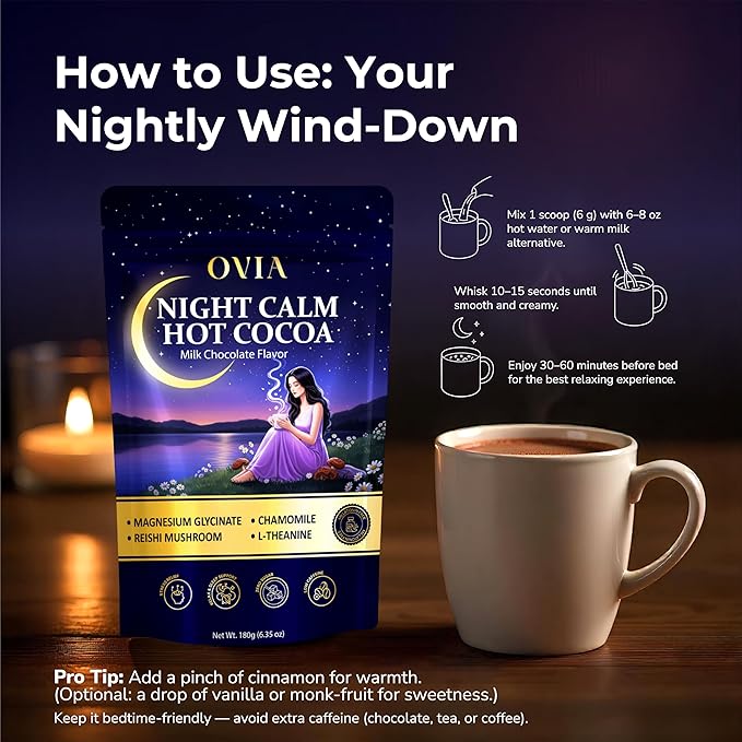 OVIA Night Calm – Melatonin-Free Magnesium Mushroom Hot Cocoa for Sleep – Nighttime Hot Chocolate with L-Tryptophan L-Theanine &amp Reishi – Relaxation Stress &amp Cortisol Support | 30 Servings