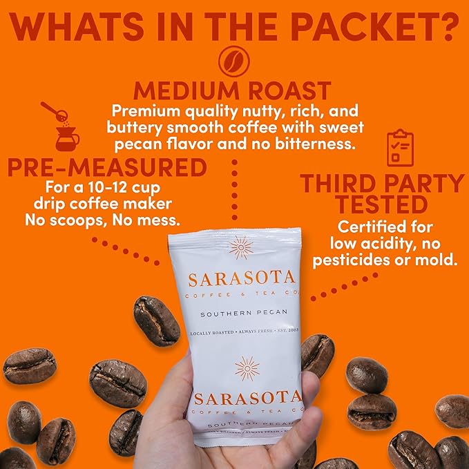 Butter Pecan Coffee Packs – Southern Texas Flavored Ground Coffee Packets | Gourmet Medium Roast Low Acid Mold Free | Pre-Measured 2.5 oz Single-Pot Fractional Packs for 12 Cup Brewers 36 Count – S
