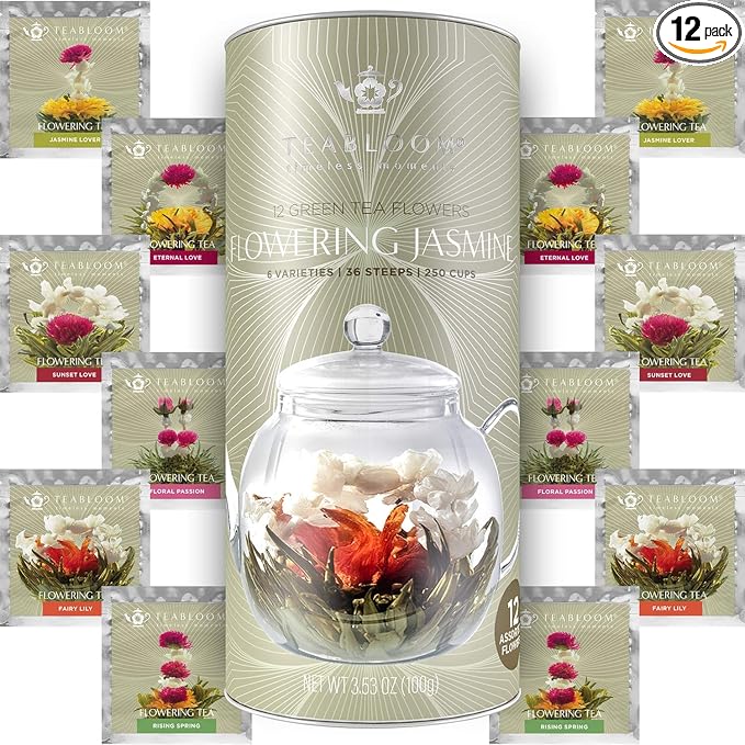 Teabloom Jasmine Flowering Tea – Hand Tied Green Tea Leaves + Jasmine Blossoms Flowering Tea Creations – Blooming Tea Gift Set – 12-Pack 36 Steeps Makes 250 Cups