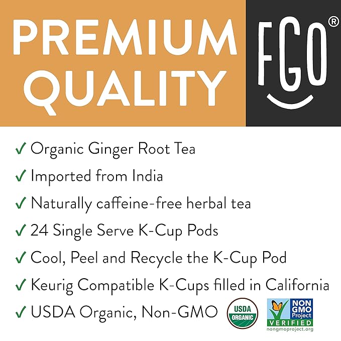 Organic Ginger Tea K-Cup Pods 24 Pods by FGO - Compatible with Keurig - Naturally Caffeine-Free Herbal Tea USDA Organic Non-GMO &amp Recyclable