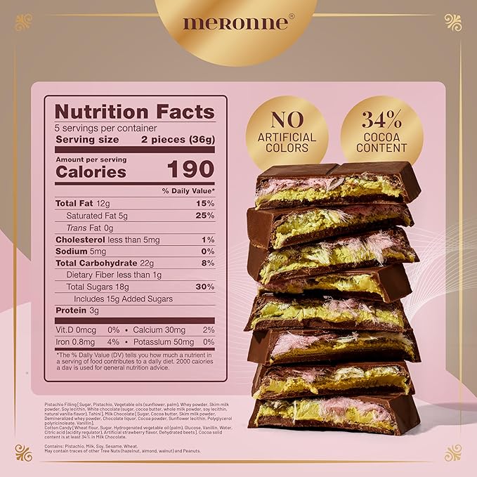 Meronne® Angel Hair Milk Chocolate Bar – 6 Pack (6.35 oz Each 180g) – 34% Milk Chocolate with Pistachio Cream &amp Angel Hair Cotton Candy – Handmade – No Artificial Colors or Preservatives