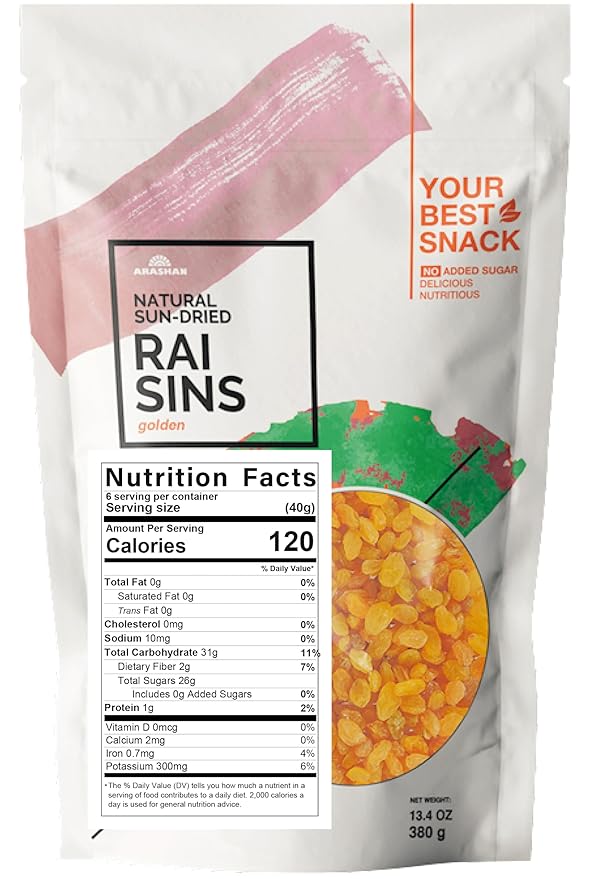 Arashan Golden Raisins – 380g (13.4 oz) – All Natural No Sugar Added – Sweet &amp Juicy – Healthy Dried Fruit Snack – Vegan &amp Gluten-Free – Non-GMO – Resealable Bag Pack of 1