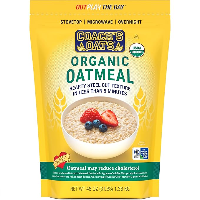 COACH'S OATS Organic Whole Grain Oatmeal 3 lbs | Cracked n’ Toasted | Quick-Cooking Steel Cut Texture | Heart-Healthy Delicious Breakfast | Microwavable Stovetop Overnight Oatmeal