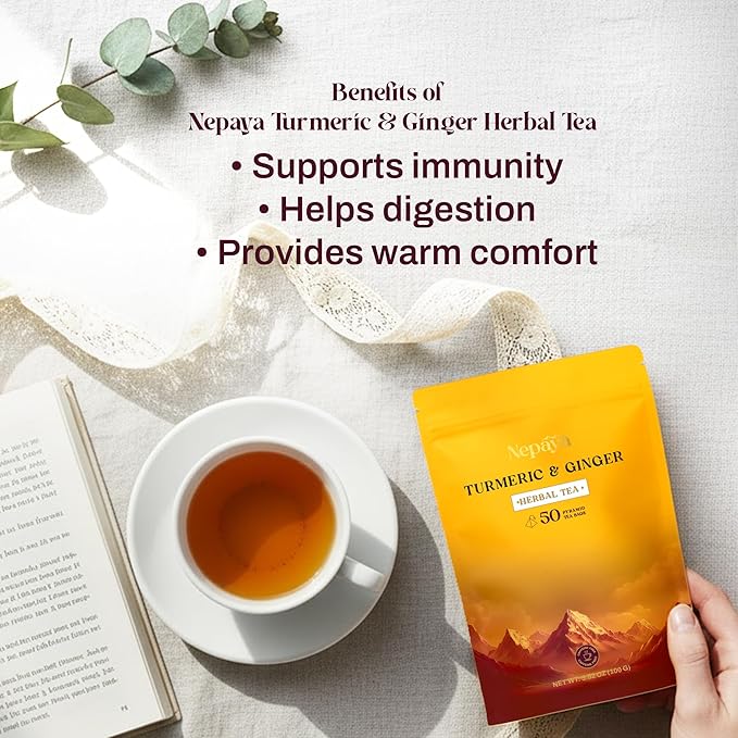 Turmeric Ginger Herbal Tea Bag 50 Count Pyramid Tea Bags From the Himalayas Caffeine Free Gluten Free warm and spicy Taste biodegradable Tea Bags