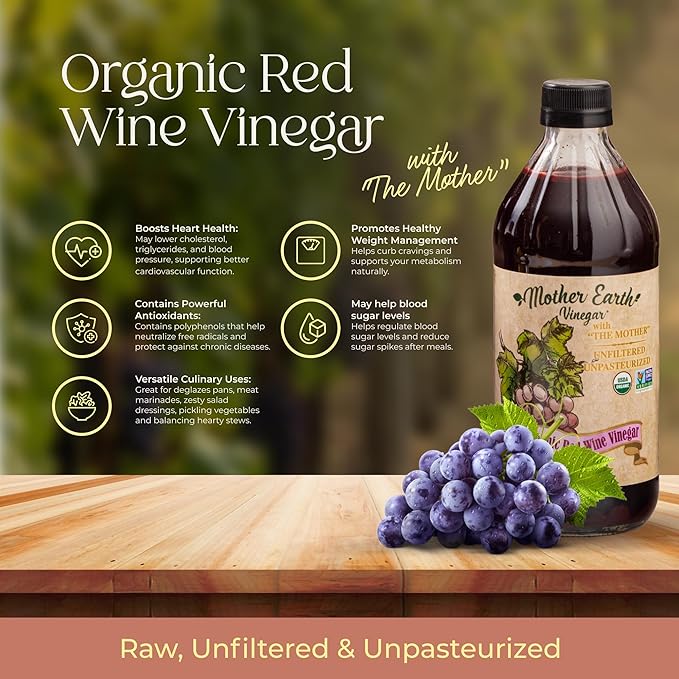Mother Earth Organic Red Wine Vinegar with The Mother Fresh Pressed Organic Cabernet Grapes ORWV RWV Raw Unpasteurized Unfiltered (1/16oz Glass Bottle)