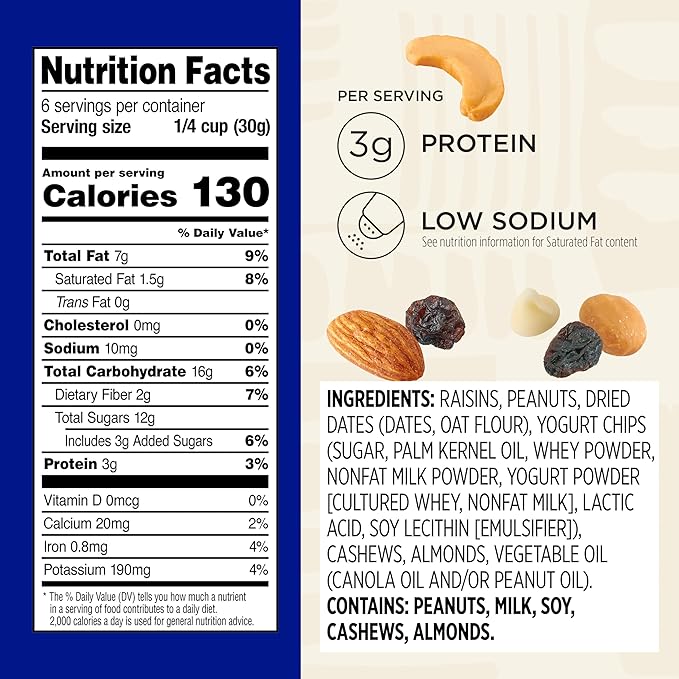 Snak Club Yogurt Trail Mix with Raisins Peanuts Dried Dates Yogurt Chips Cashews and Almonds Gluten-Free and Kosher Snack 6.75 oz Resealable Bags 6 Pack