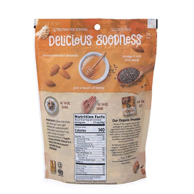 Nature's Path Organic Gluten Free Honey Almond Granola 11 Ounce (Pack of 5) Non-GMO 15g Whole Grains with Omega-3 Rich Chia Seeds