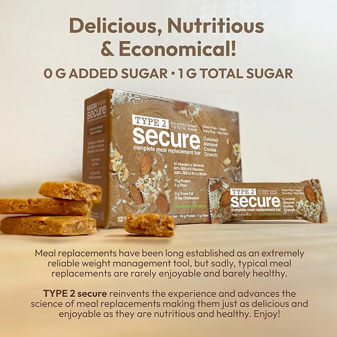 ANDREW LESSMAN Type 2 Secure Complete Meal Replacement Bars (Stevia) – Coconut Almond Cookie Crunch – 12 ct box – 10g Protein 0g Added Sugar 16 Essential Vitamins &amp Minerals Gluten-Free Vegan