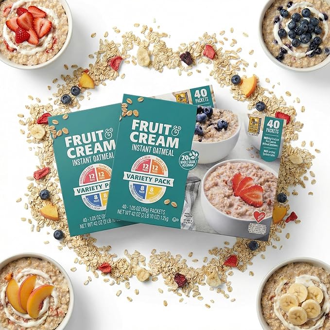 Instant Oatmeal Variety Pack Fruit &amp Cream 40 Packets 4 Flavors: Strawberries Bananas Peaches Blueberries Cream 1.05 oz Single Serve (2 Pack)