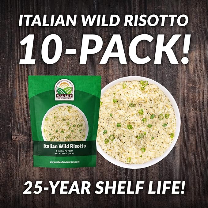 Valley Food Storage Italian Wild Risotto | 10-Bag Bucket 50 Servings | Premium Emergency Food Supply 25 Year Shelf Life | Survival Meal Kits Prepper Food Camping &amp Off-Grid Living | Packaged i