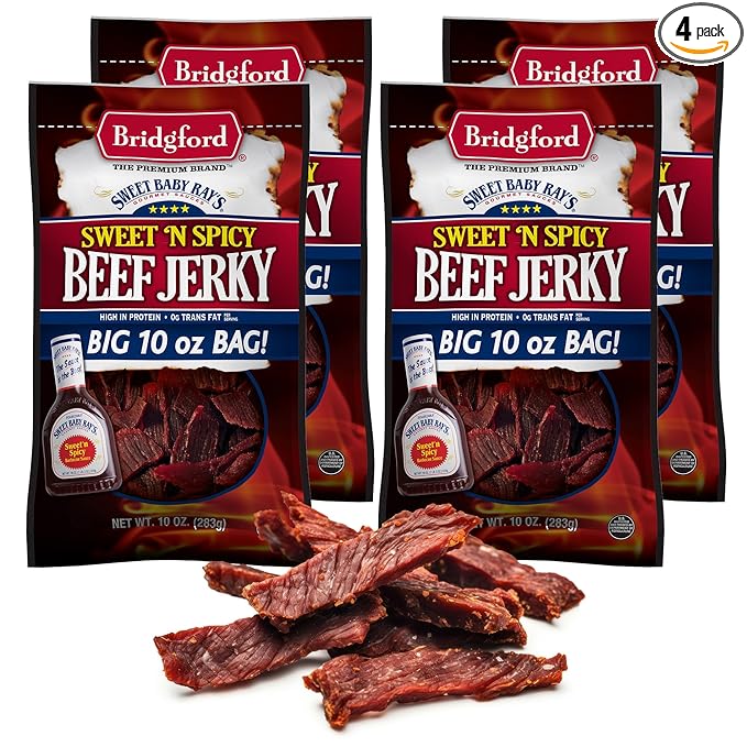 Bridgford Sweet Baby Ray's Beef Jerky Sweet N Spicy 10 oz Pack of 4 - High Protein Sweetened Spicy Beef Jerky for Your Dietary Preference - Ready-to-Eat Snacks for On-The-Go Snacking