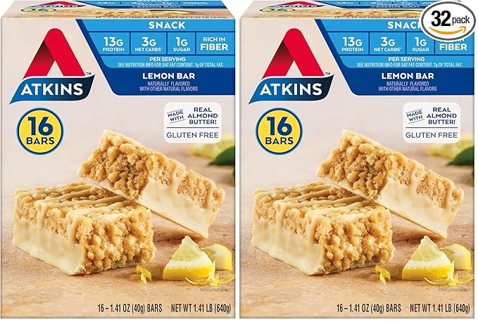 Atkins Lemon Flavored Snack BarHigh Protein BarLow Sugar and Low CarbKeto Friendly SnackGluten FreeHigh in FiberMade with Real Almond Butter16 Count (Pack of 2)