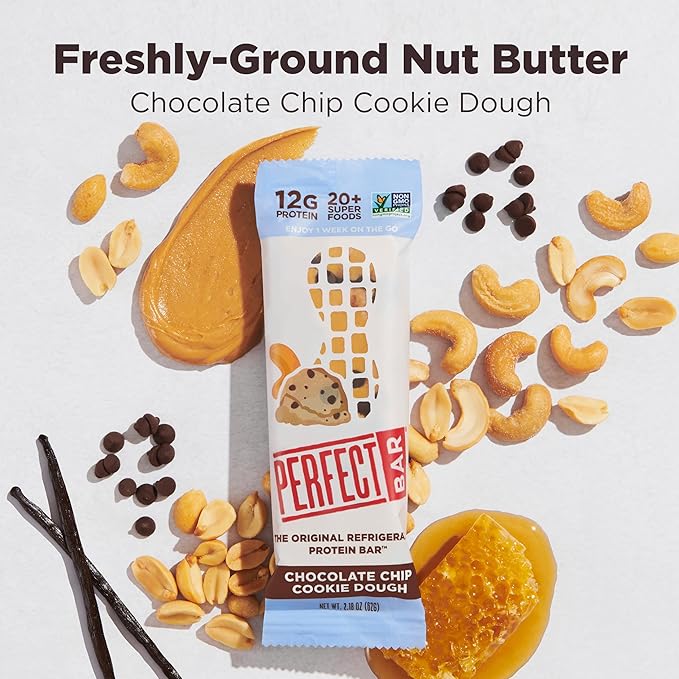 Perfect Bar Protein Bars Chocolate Chip Cookie Dough Gluten Free Made with Organic Honey Peanut Butter Cookie Dough Texture Refrigerated 2.2 Oz Bars 24 Count