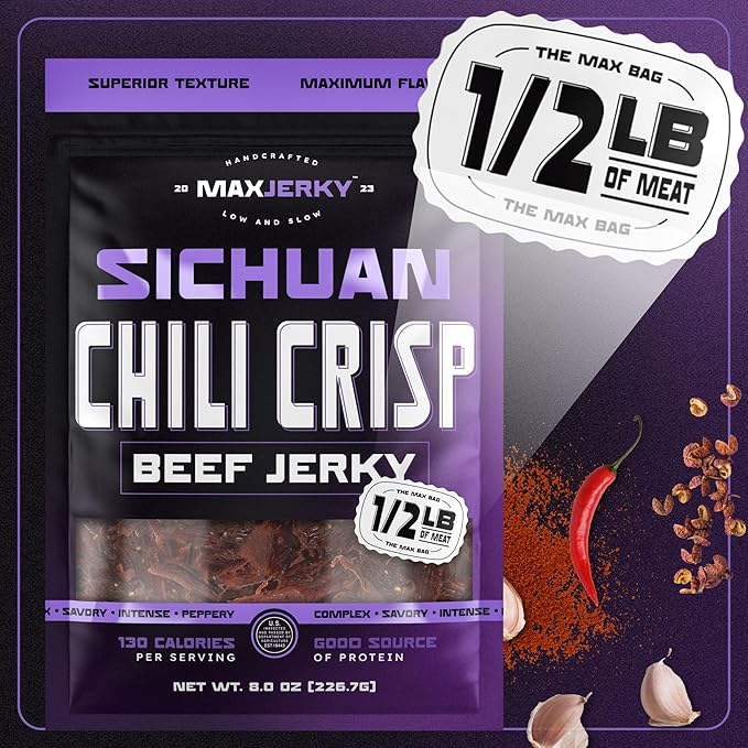 MaxJerky Sichuan Chili Crisp Beef Jerky 104 Grams of Protein 8 OZ (2 Pack)