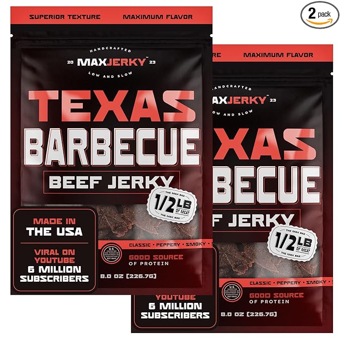 MaxJerky Texas Barbecue Beef Jerky Smoked Pepper Flavored Jerky 88 Grams of Protein 8 OZ (2 Pack)