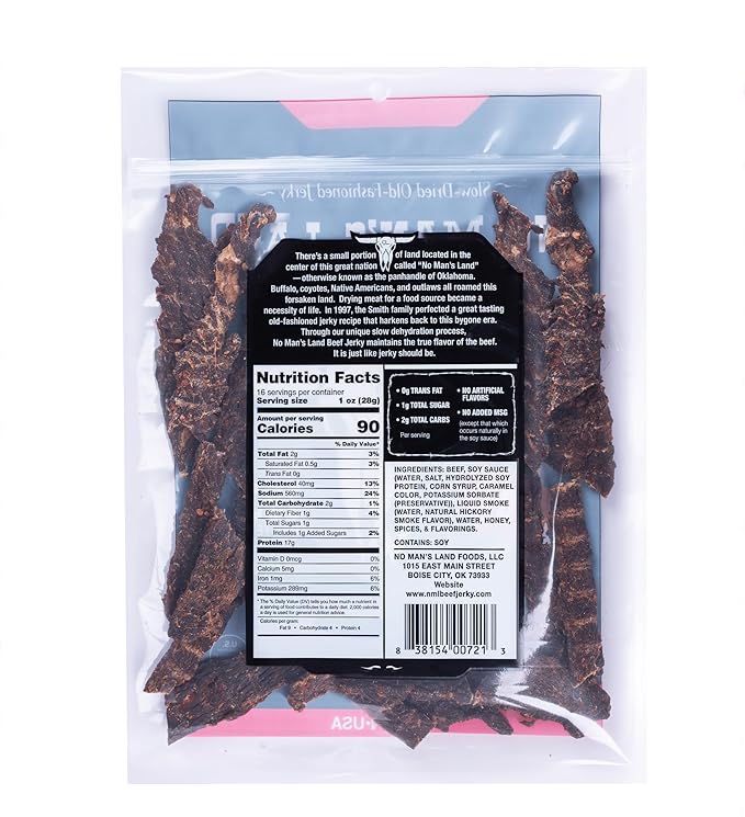No Mans Land Premium Beef Jerky | 17G High Protein Slow-Dried Beef Snack | Smoked &amp Seasoned Jerky Strips | HOT 16oz Bag