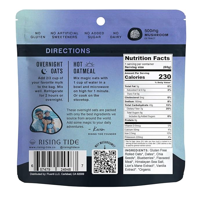 Mushroom Overnight Oats (6 Pack) Superfood Lions Mane Mushroom Chia &amp Flax Seed - Organic Protein Oatmeal - High Fiber Vegan Gluten Free Low Sugar - Easy Prep Plant Protein - Blueberry