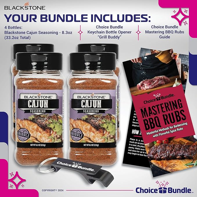 Blackstone Cajun Seasoning – Gourmet Griddle Premium Barbecue Rub 4 Pk (33.2 oz) + BBQ Masters &amp Opener (6 Items)!