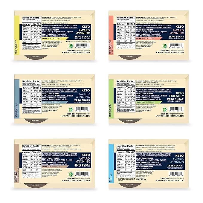 The Good Chocolate - Keto Chocolate Variety Pack Zero Sugar Lower Net Carb Snack Lower Calorie Chocolate Candy Variety Pack 6 Flavors 6 Bar Value Pack