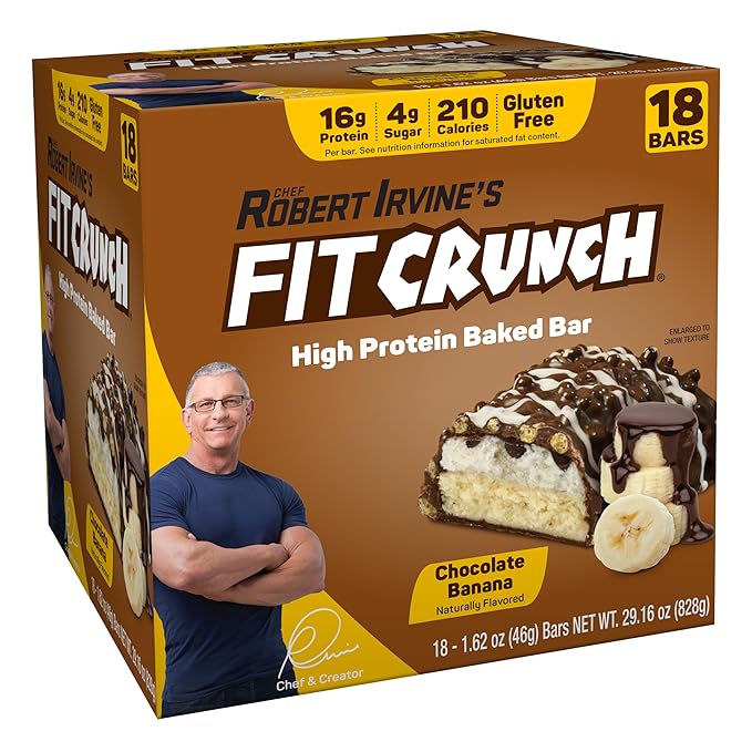 FITCRUNCH Snack Size Protein Bars 6-Layer Baked Bar 4g of Sugar Gluten Free &amp Soft Cake Core (18 Bars Chocolate Banana)