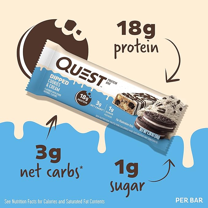 Quest Dipped Chocolate Chip Cookie Dough &amp Cookies and Cream Protein Bars Bundle 1.76 Oz 12 Ct