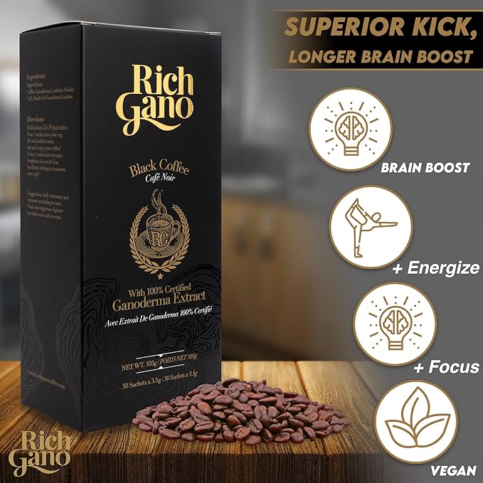 Rich Gano Reishi Mushroom Coffee – (10 Boxes of 30 Sachets) Black Coffee with Ganoderma Extract – All Natural Vegan Friendly Instant Coffee Packets – Zero Jitters Energize Ganoderma
