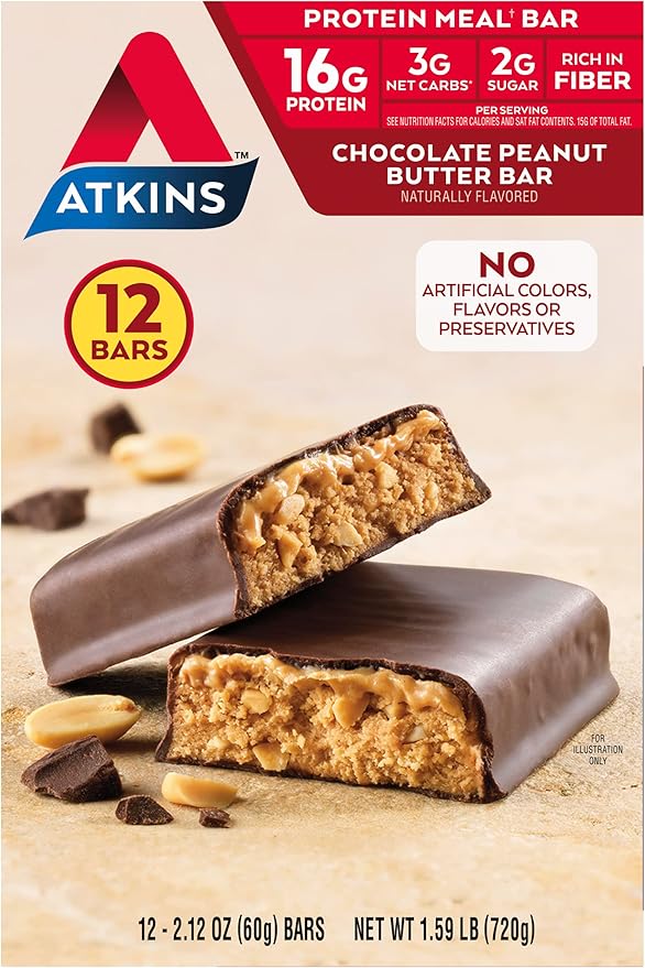 Atkins Chocolate Peanut Butter Protein Meal Bar 16g Protein 12 Count and Caramel Nut Chew Bar 1g Sugar 5 Count