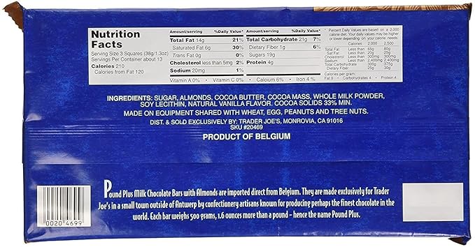 Trader Joe's Pound Plus GIANT Belgian Milk Chocolate with Almonds Bar - 4 Pack (17.6 oz)