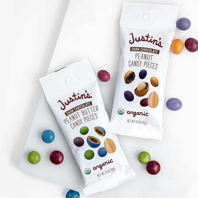 Justin's Dark Chocolate Peanut Candy Pieces 12pk of 1.5oz bags Organic Gluten Free Non-GMO Responsibly Source Rainforest Alliance Certified Cocoa