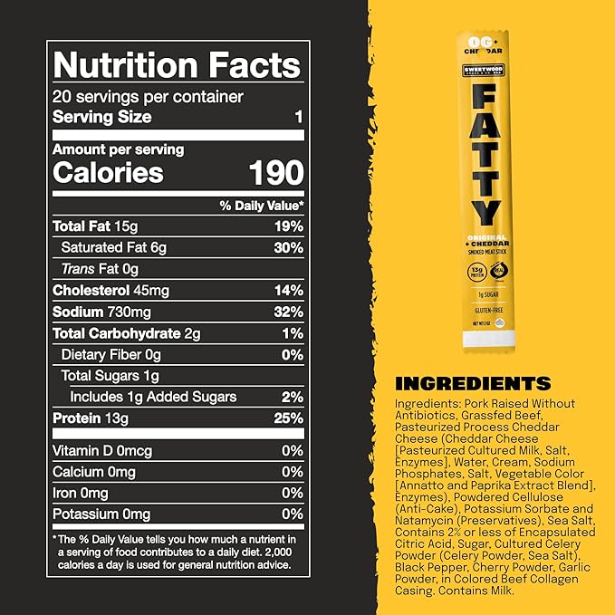 FATTY Meat Sticks High Protein Made with Grass Fed Beef Pork Raised Without Antibiotics 13g Protein Per Stick Original Cheddar Easter Basket Stuffer for Men 2 oz. (Pack of 20)