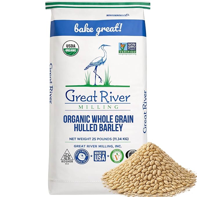 Great River Milling Organic Hulled Barley Grain | Whole Grain Barley for Home Milling Cooking and Baking | High Fiber Non GMO Kosher | 25 Lb