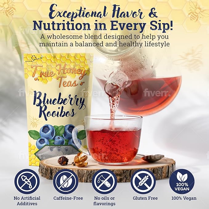 True Honey Blueberry Rooibos Tea Bags - Honey Crystals Blended in Every Sachet - Red Rooibos Tea with Dried Blueberry Juice - All Natural Organic Herbal Caffeine Free Tea Bag 24 Count