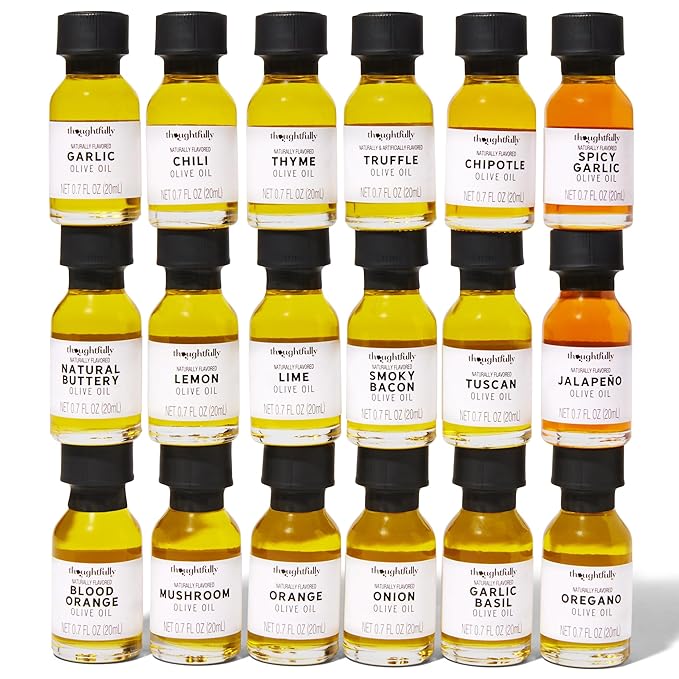 Thoughtfully Gourmet Olive Oil Sampler Gift Set Includes Uniquely Flavored Extra Virgin Cold Pressed Spanish Olive Oil Flavors Include Garlic Chili Chipotle and More Pack of 18