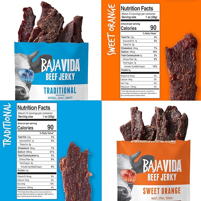 BAJA BEEF Jerky Snack Packs - Beef Jerky Variety Pack Beef Jerky Gifts for Men Beef Jerky Sampler High Protein Craft Jerky Assortment Gluten Free - Traditional &amp Sweet Orange 2.5 Oz Bags (4 P