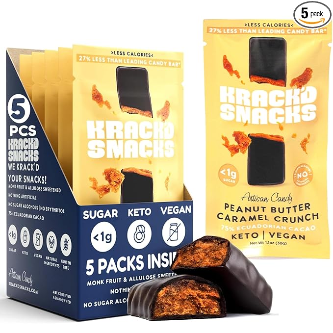 Krack’d Snacks Keto Chocolate Snack Bars 5 Pk | Handmade Low Carb Sugar Free Dark Chocolates with Peanut Butter Caramel Crunch Allulose | Vegan Non-GMO Gluten Free Chocolate Candy Bar