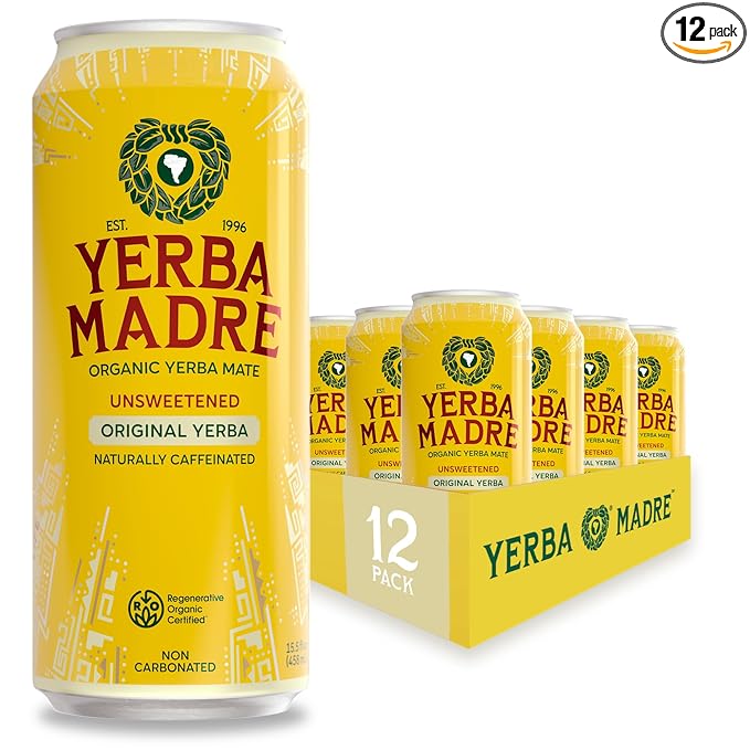Yerba Madre Organic Yerba Mate Energy Drink Alternative Unsweetened Original Yerba 150mg Plant Based Caffeine Smooth Energy &amp Focus No Jitters or Crash 15.5oz Cans (Pack of 12)
