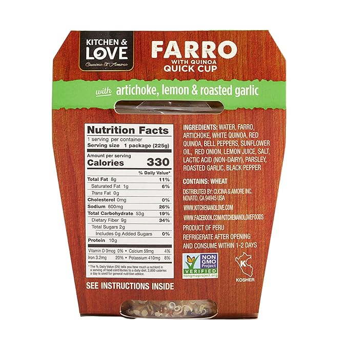 Kitchen &amp Love Cooked Farro Artichoke Lemon &amp Roasted Garlic Ready to Eat Quick Cups Shelf Stable Non Gmo Dairy Free Plant Based Kosher Vegan Vegetarian 7.9 Oz (6-Pack)