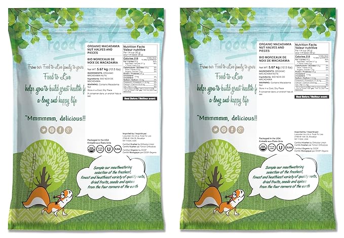 Food to Live Organic Macadamia Nut Halves &amp Pieces 25 Pounds - Non-GMO Raw Shelled Unsalted Kosher Vegan Bulk. Keto Snack. Source of Healthy Fats. Topping for Salad Yogurt Cereal Dessert
