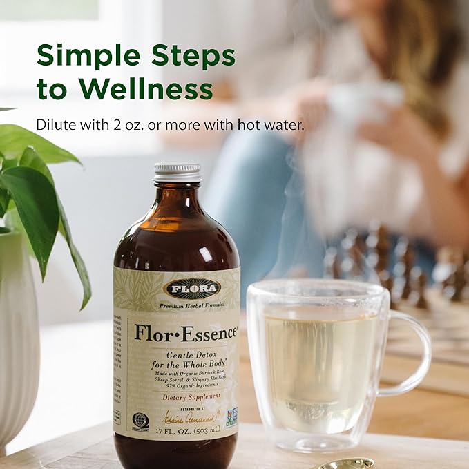 Flora Health Flor-Essence Liquid Tea Blend - Ancient 8-Herb Formula - Natural Full Body Cleanse &amp Detox - Organic Ingredients - Pure Vegan Formula - Burdock Root Sorrel Slippery Elm Kelp - 500m