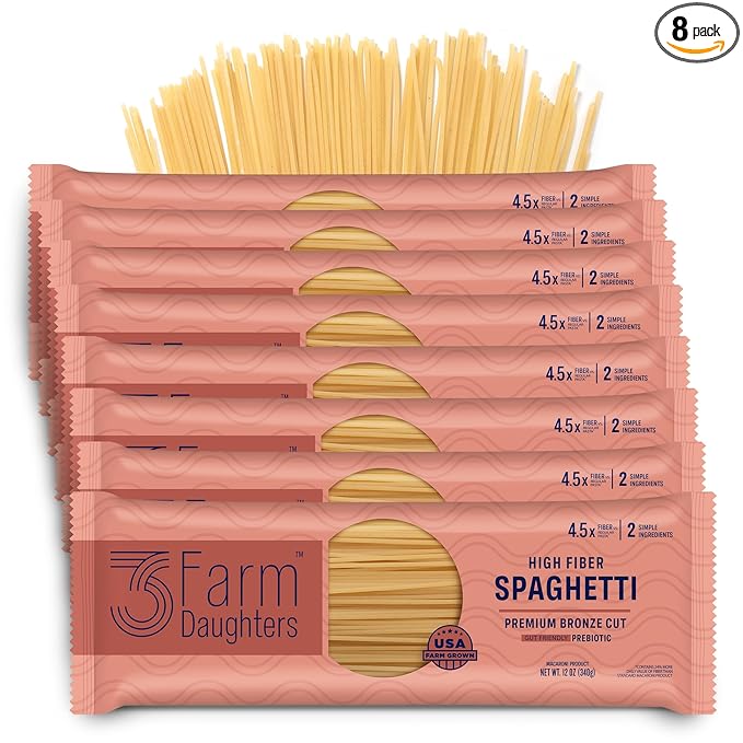 Three Farm Daughters High Fiber Pasta Spaghetti Pack Irresistible Low GI Non GMO Spaghetti Pasta Noodles Low Net Carb Made in the USA from Just 2 Simple Ingredients 12 oz. (8 Pack)