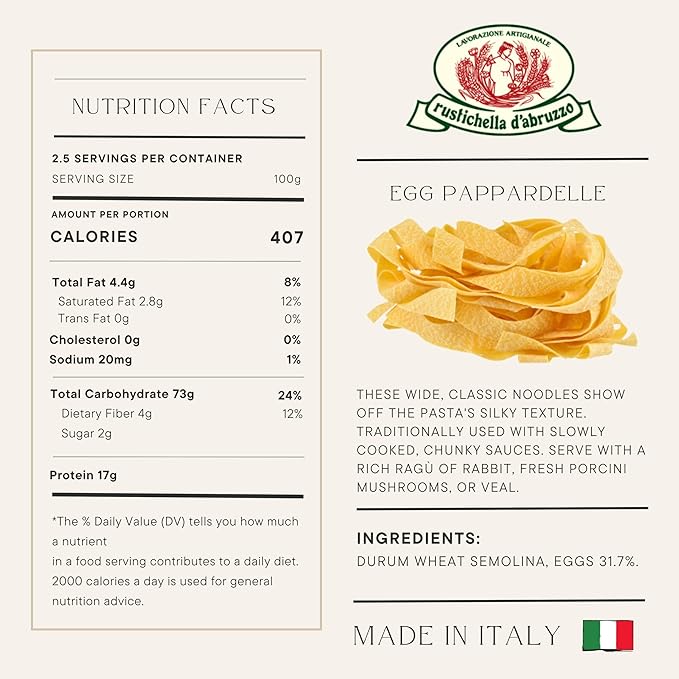 Rustichella d'Abruzzo Egg Pappardelle (Pack of 2) 250g Each - Wide Egg Pasta - Traditional Italian Flavor - Perfect for Chunky Sauces like Ragù