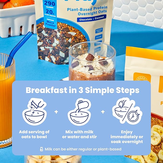 Maja Cacao &amp Coconut Overnight Protein Oats 2.4 oz Single-Serve (6 Pouches) | High Protein Overnight Oats Gluten Free Plant-Based | Rich Cacao with Coconut | Just Add Milk or Plant Milk