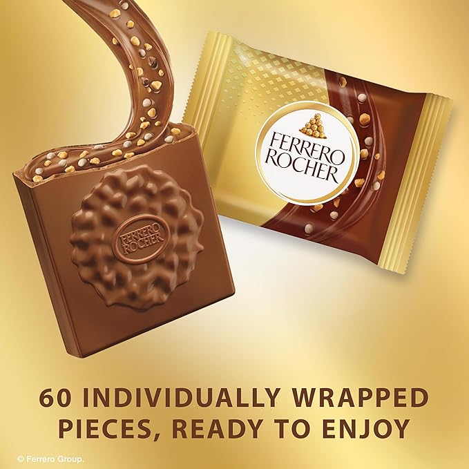 Ferrero Rocher Premium Milk Hazelnut chocolate squares Individually Wrapped Chocolates Great for Sharing or Gifting 60 Pack 3.7 oz Each