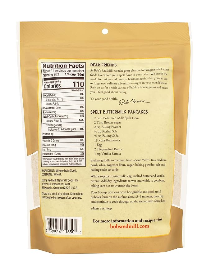 Bob's Red Mill Spelt Flour 22oz (Pack of 4) - Whole Grain Vegan Kosher