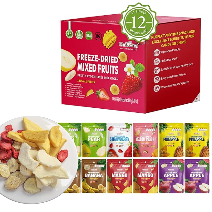 ONETANG Freeze-Dried Mixed Fruit 12 Pack Single-Serve Pack Non GMO Kosher No Add Sugar Gluten free Vegan Holiday Gifts Healthy Snack 0.35 Oz