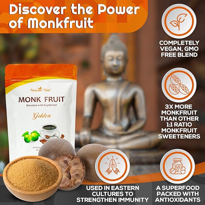 Monk Fruit Zero Calorie Sweetener (2x Sugar Sweet Golden) 16 oz - Granular Powder Blended with Erythritol - Sweet Natural Alternative to Xylitol and Stevia - Sugar Replacement for Keto Paleo Low G