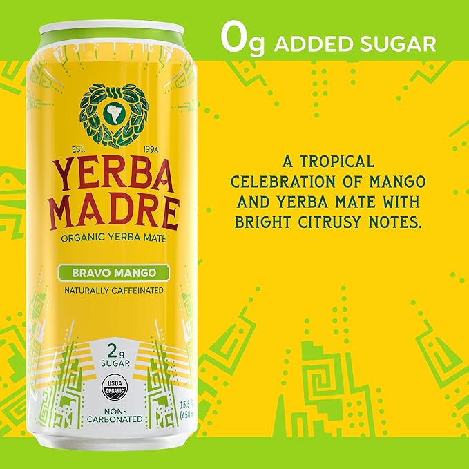Yerba Madre Organic Yerba Mate Low Sugar Bravo Mango 150mg Natural Caffeine Energy Drink Alternative No Jitters or Crash 15.5 Oz (Pack of 12)